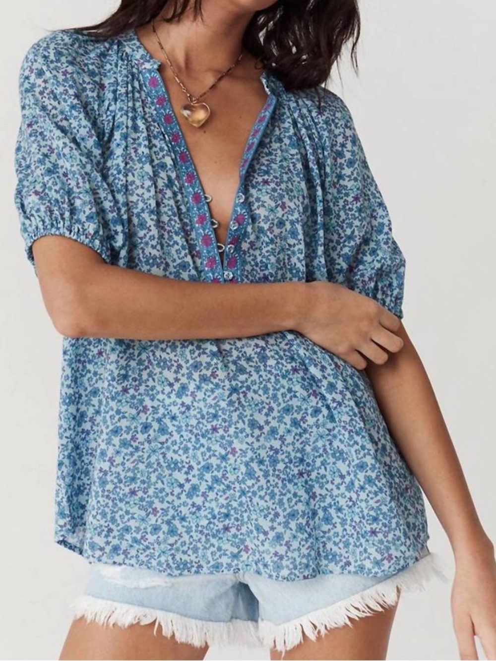 SPELL love jetty short sleeve floral print blouse in blue nirvana